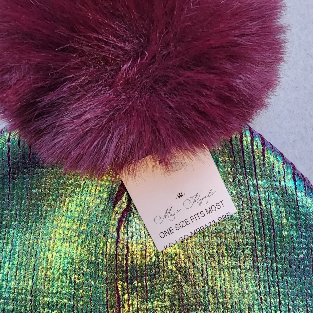 Muse Royale Mermaid Iridescent Metallic Pom Pom Beanie Hat Purple Holographic OS